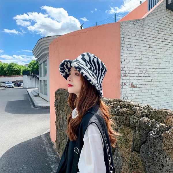 

wide brim hats zebra warm fishing cap for women gorros black white striped bucket winter lady soft, Blue;gray