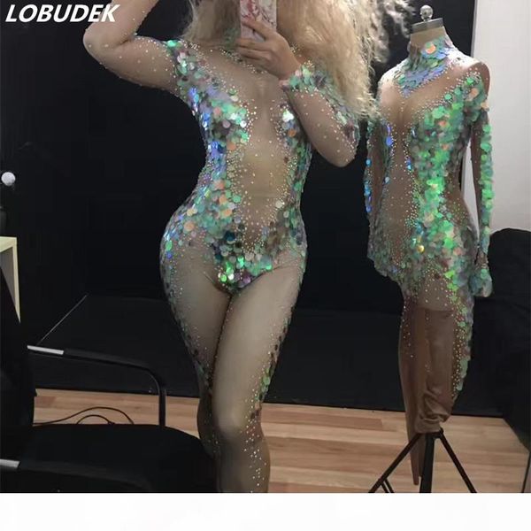 

female jumpsuit bodysuit bright crystals fish scale sequins rhinestones for singer dancer nightclub stag party costumes performance, Black;white