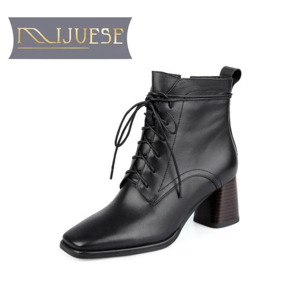 

boots mljuese 2021 women ankle cow leather winter short plush zipper square toe high heels female size 39, Black