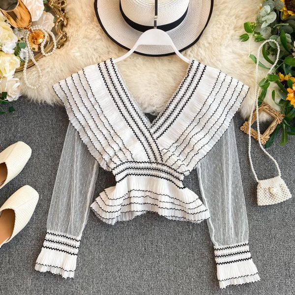 

fashion long sleeve mesh women striped chiffon shirts blouses white / black female 2020 fall korean fashion clothing
