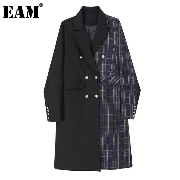

eam] women black plaid split long trench new lapel long sleeve loose fit windbreaker fashion tide spring autumn 2020 1dc321, Tan;black