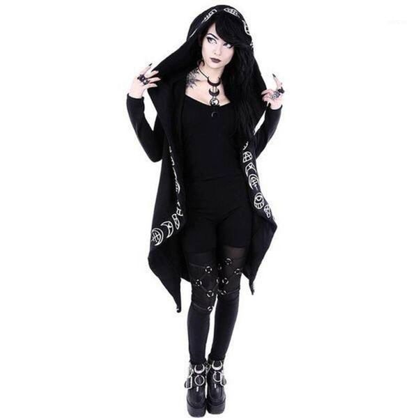 

gothic style fashionable women coats female women long sleeve punk moon print hooded black cardigan jacket coat plus size s-5xl1, Black;brown