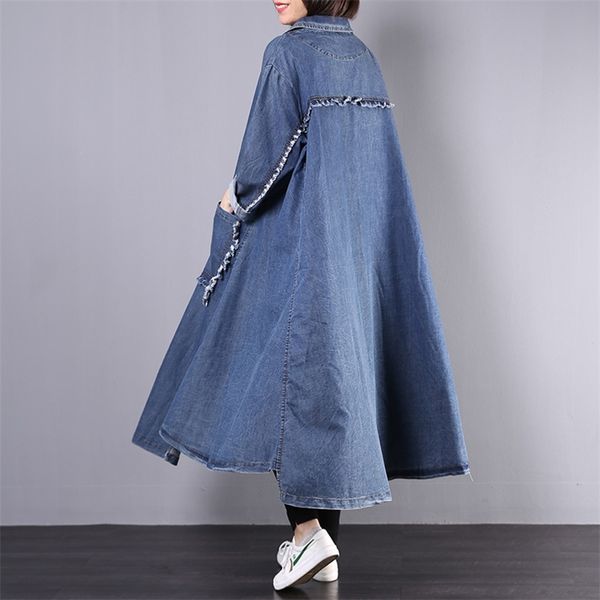 

female new autumn plus plus size outerwear korean style literary retro long-style all-match loose denim trench 201031, Tan;black