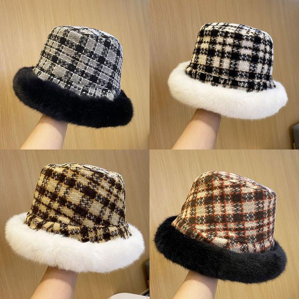 

trendy winter thicken warm wool fisherman hats fashion men women retro grid printed fishing hats outdoor sunshade bucket hat, Blue;gray