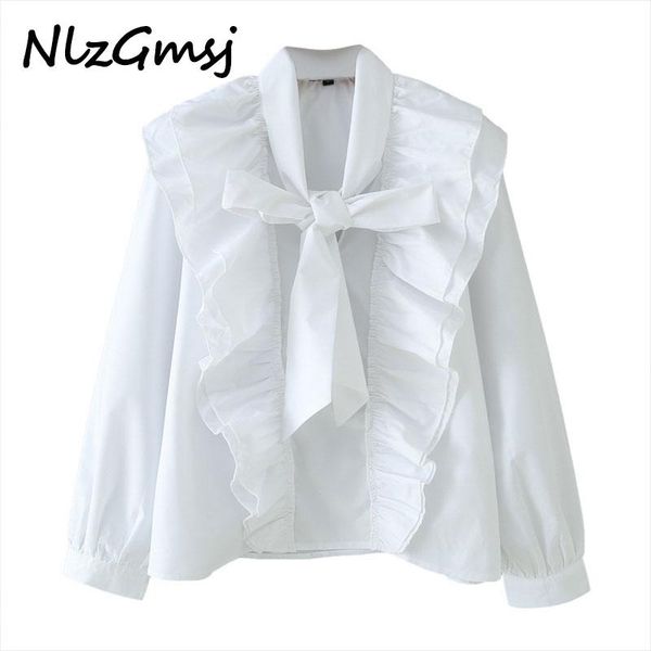 

nlzgmsj women chic bow tie collar white blouse ruffles long sleeve casual wear female shirt elegant solid blusas