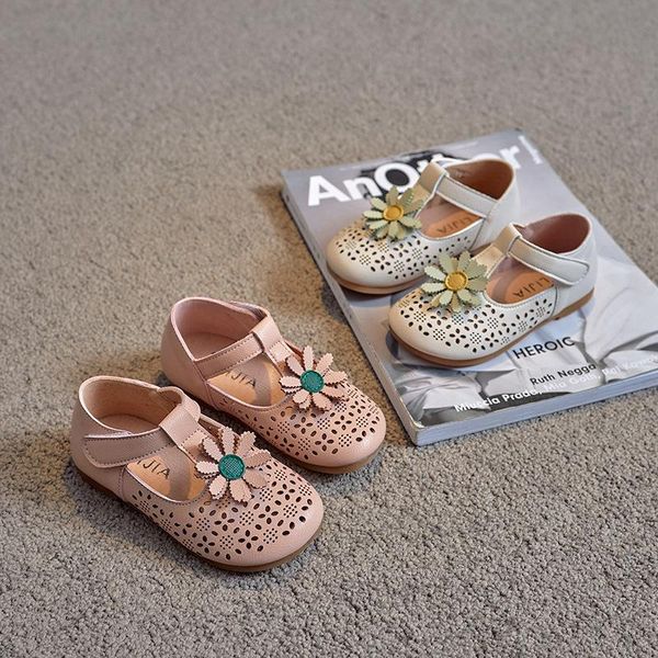 

athletic & outdoor 2021 spring summer girls shoes cut-outs breathable kids floral flats children casual leather round toes t-strap flowers, Black