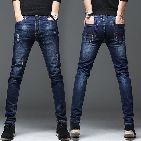

men's jeans stretch blue cotton pencil fashion casual zipper slim fit denim jogging