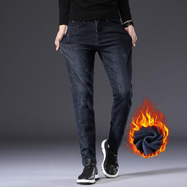 

men's jeans 2021 slim stretch plus velvet thick all-match, Blue