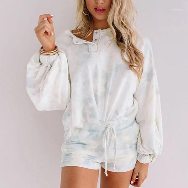 

yoga outfits 2pcs set women 2021 spring summer tracksuits sweatshirt tie dye outfit shorts long sleeve crop active wear sports clothes1, White;red