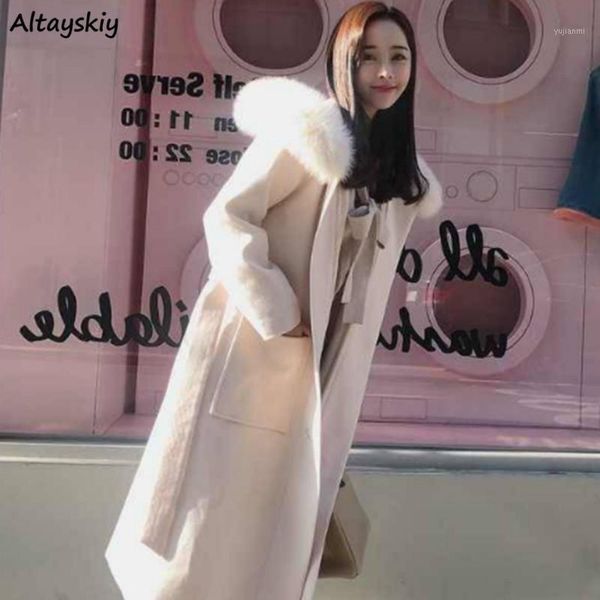 

wool blends women with fur medium-long style hooded warm elegant slim-fit all-match outwear korean style students womens stylish1, Black