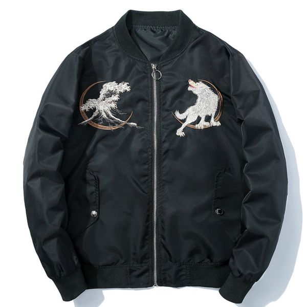 

2021 new winter of men embroidered large wolf casual harajuku black baseball jacket japanese youth male streetwear 35j3 bj9n, Black;brown