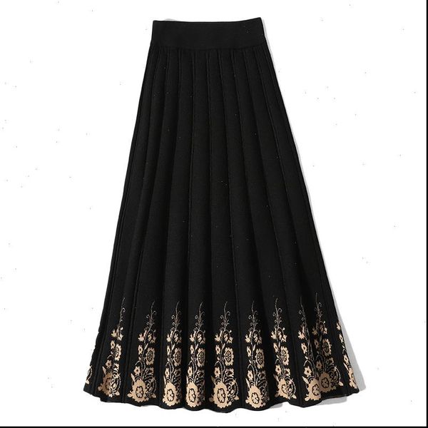 

autumn winter womens skirt ethnic floral print knitted skirt new casual slimming mid length female pleated skirts ll454, Black
