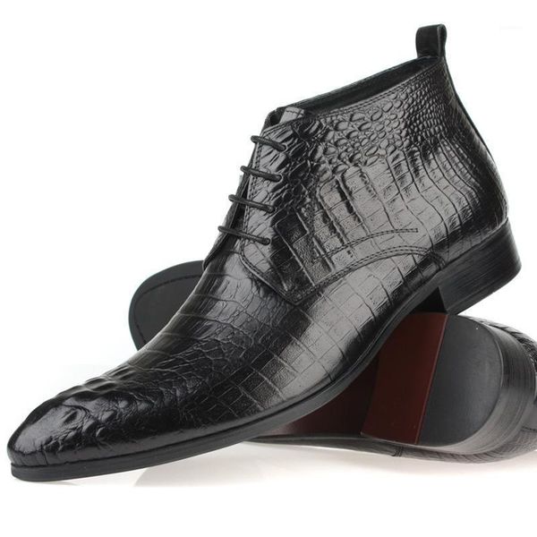 

trend slip-ons lace-up pointed-toe botas hombre short high cowhide shoes crocodile pattern cowhide formal wear 44 size ankle1, Black