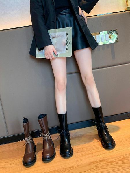 

boots autumn winter shoes lady leather booties zipper round toe luxury designer low heels rubber mid calf rock1, Black
