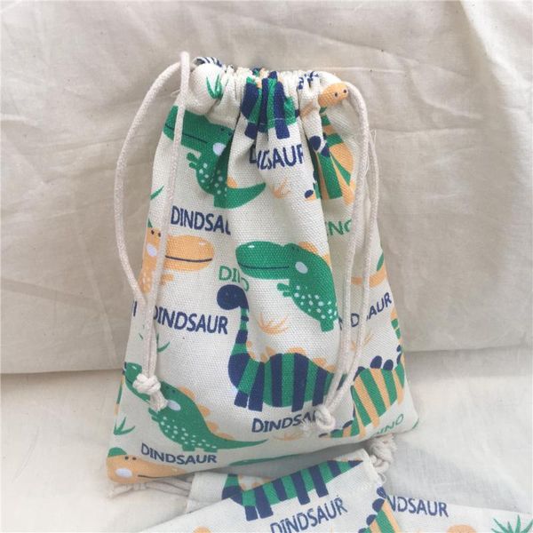 

gift wrap 1pc cotton canvas drawstring organized pouch party bag print green dinosaurs yl9528f