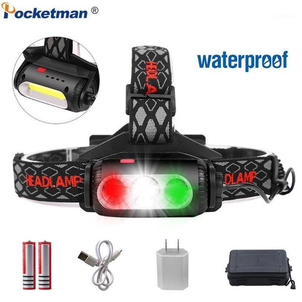 

headlight usb rechargeable headlamp xpe+cob head light red green white lighting 7 modes head torch t61