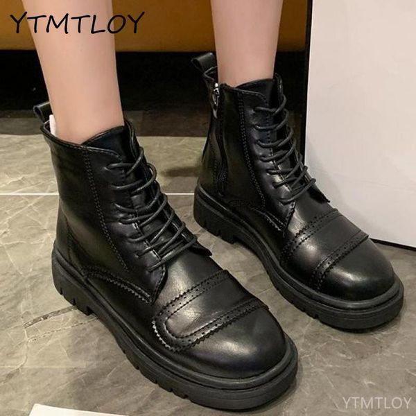 

genuine leather boots women platformed street boots women botas mujer zip cross-tied round toe square heel, Black