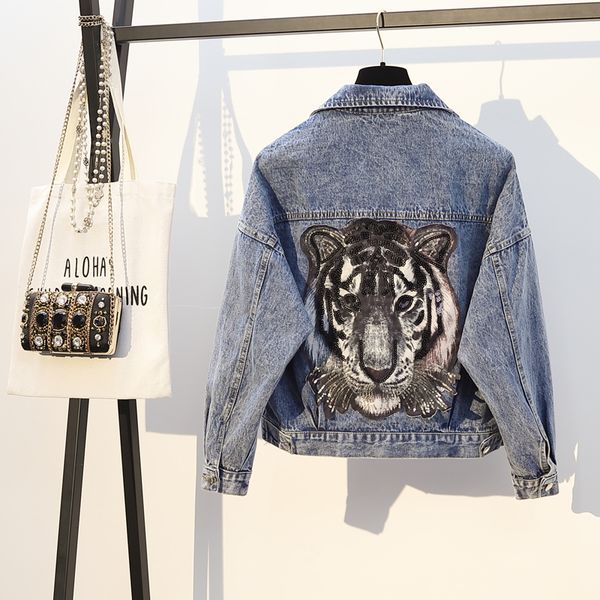 

jvcake plus size women's denim jacket women's clothing autumn new women's short tiger embroidery pocket fashion women coat 20, Black;brown