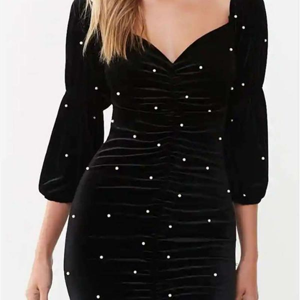 

women's fashion early spring 2020 new style velvet nail beads with folded sleeve dress, Black;gray