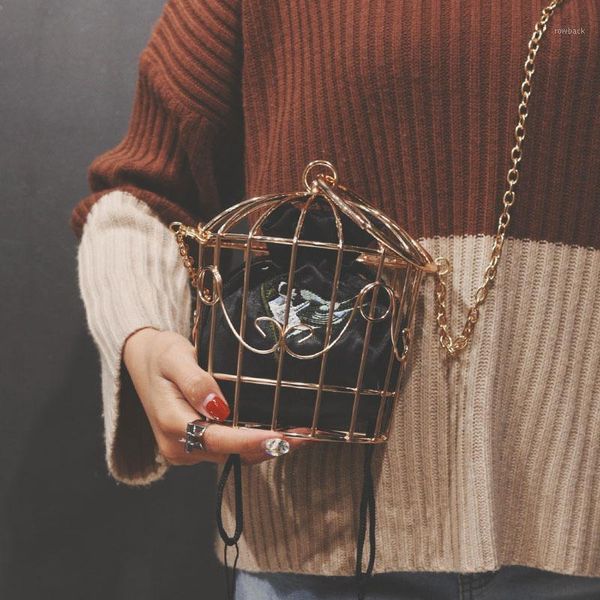 

women's birdcage evening bag clutch metal frame embroidery bucket bird cage mini bag purse women gold tassel handbag1