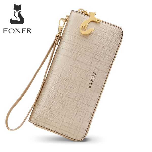 

foxer women leather wallet bifold wallet clutch wallet with wristlet card holder coin purse cellphone bag female clutch bags c1115, Red;black