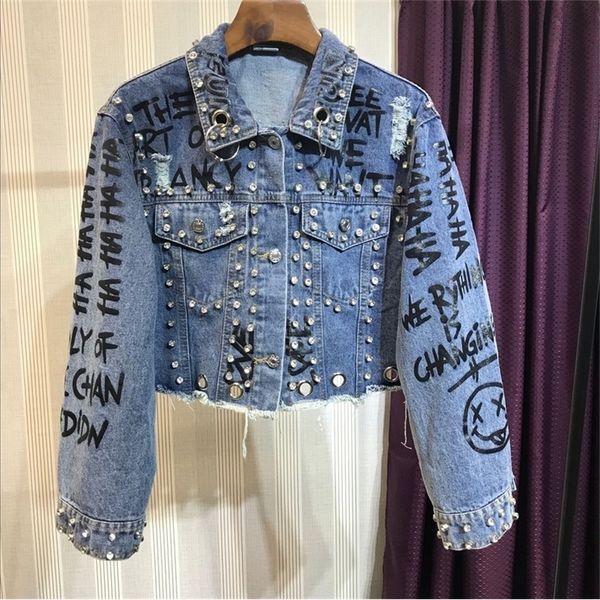 

2019 punk style letter print rivets beading women autumn jacket coat loose style women denim jacket coat crop abrigos mujer y200101, Black;brown