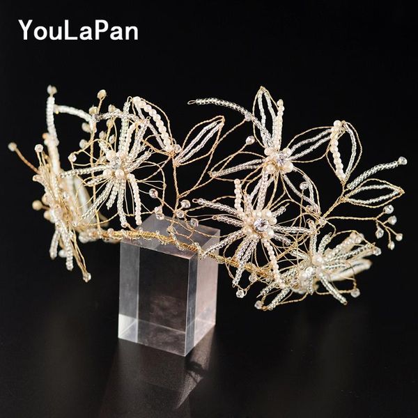 

youlapan hp211 boho crown for bride wedding headwear with beaded bridal headpiece wedding hair jewelry for girls, Golden;silver