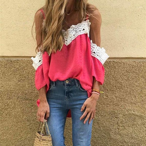 

2020 summer women fashion off shoulder lace v-neck casual blouse 1, White