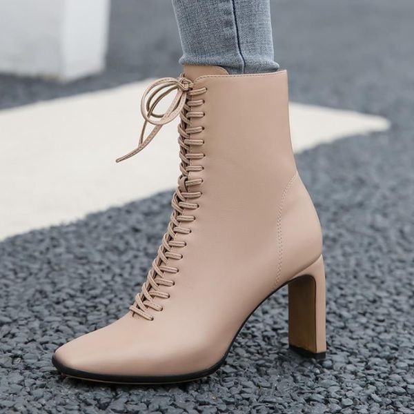 

women ankle boots fashion cross strap high heel winter shoes woman zipper office lady street footwear large size 34-43, Black