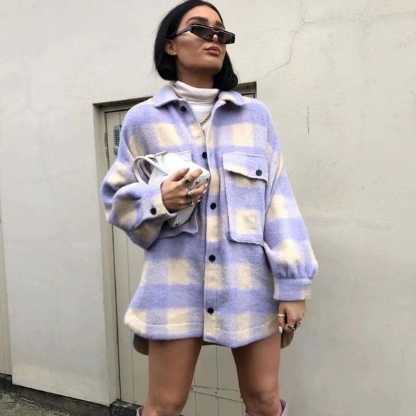 

plaid print fleece elegant fashion women tweed jackets winter purple pocket patchwork vintage long sleeve outerwear high street, Black