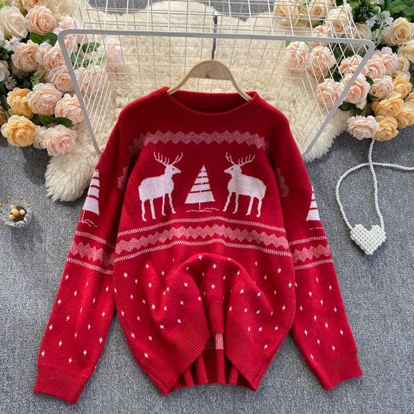 

women's sweaters christmas sweater 2021 female loose knitted women winter clothes plus size long sleeve blue red knitwear, White;black