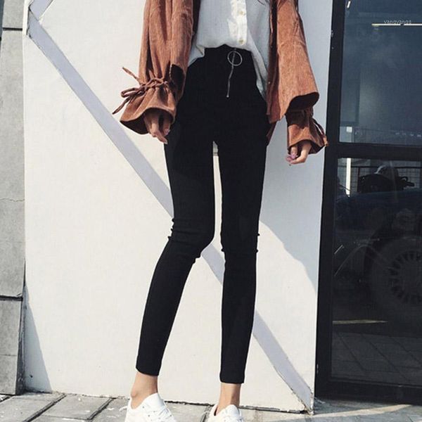 

women's black cotton skinny pants high waist zipper skinny pants for women, autumn 2020, fashionable women's leggings ankle1, Black;white