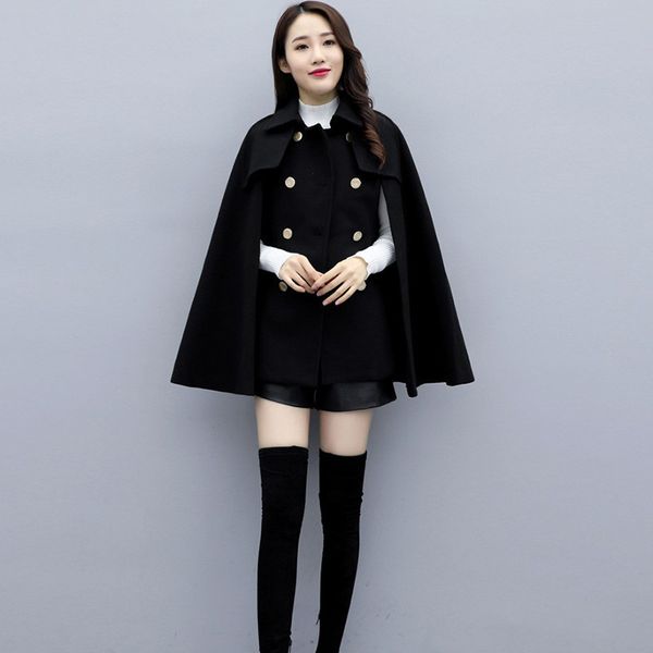 

2021 new female wool korean winter double office lady poncho loose elegant woman blazer coat 8p48, Black