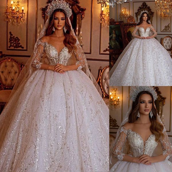 Saudi-Arabien Prinzessin Ballkleid Brautkleid Sheer Off Shoulder Langarm Luxus Spitze Pailletten Applikationen Brautkleider Kristall Braut Roben de Mari￩e