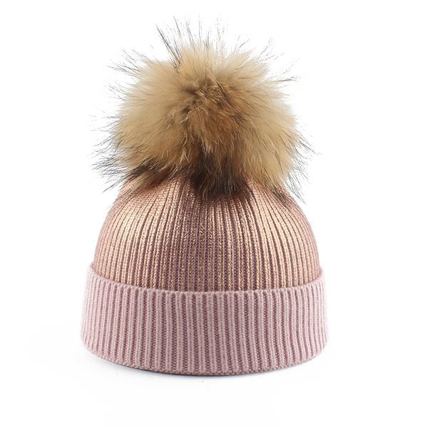 

new metallic print beanies for women girls winter real fur pompom hats warm wool knitted beanie hat casual pompon cap y201024, Blue;gray