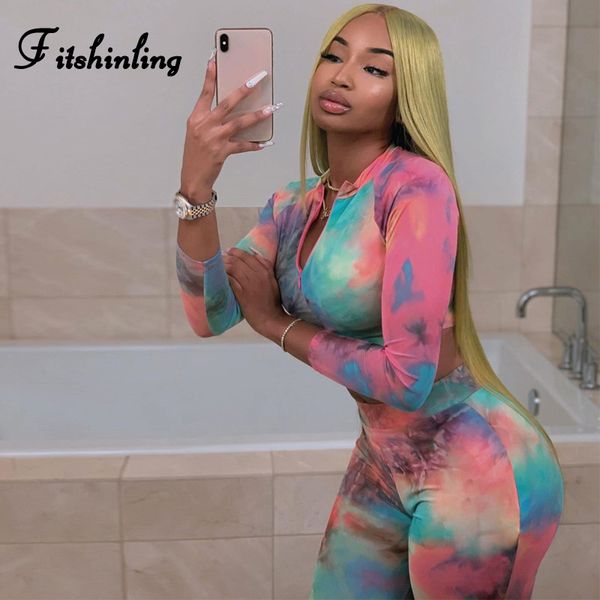 

fitshinling harajuku tie dye matching sets fitness tracksuit women long sleeve crop pants 2 piece set body outfits suit t200810, White