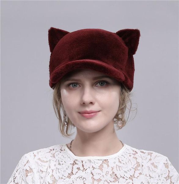 

beanie/skull caps women's warm sheep sheared peaked cap in winter. cute fur hat with cat ears. wool winter, Blue;gray