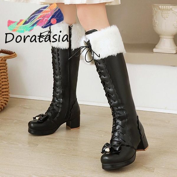 

boots doratasia brand women solid zipper knee high shoes stylish short plush design comfy chunky, Black