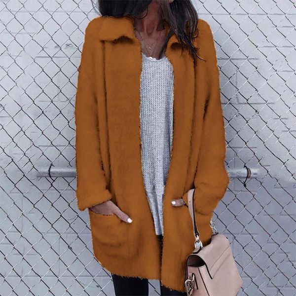 

women plush jackets autumn winter solid color long sleeve turn-down neck mid-length outwear clothes pockets casual female coats, Black;brown