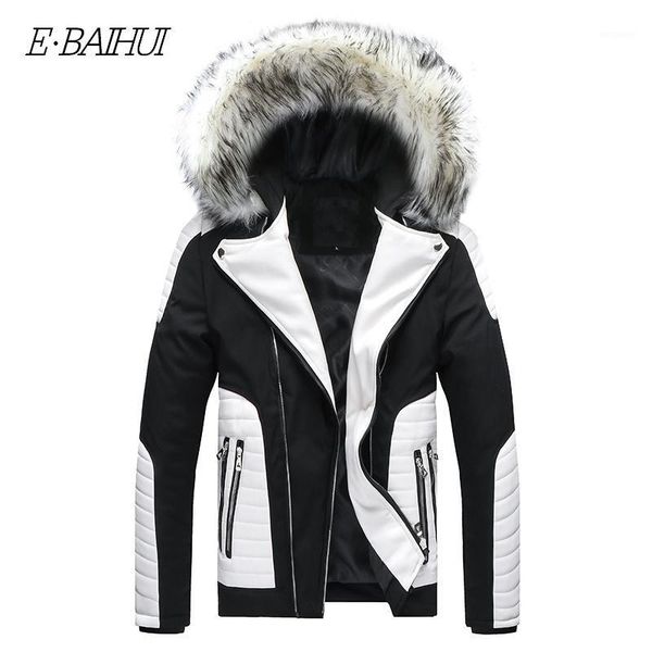 

autumn winter men jacket patchwork leather motorcycle jacket street fashion fur collar leather fur coat men1, Black