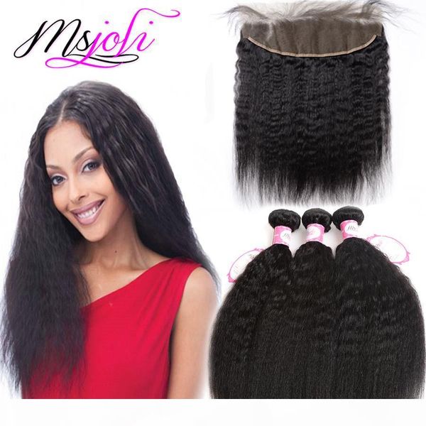 

brazilian human hair with frontal 13x4 lace frontal unprocessed natural hair ear to ear kinky straight yaki hair weaves 3 bundles frontal, Black;brown