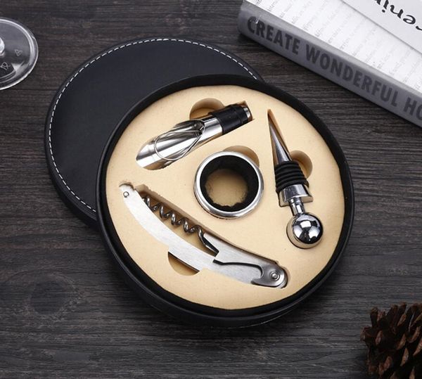 

red bottle stainless steel opener gift 4pcs set round leather box wine kits ser pourer accessories sets dhl free