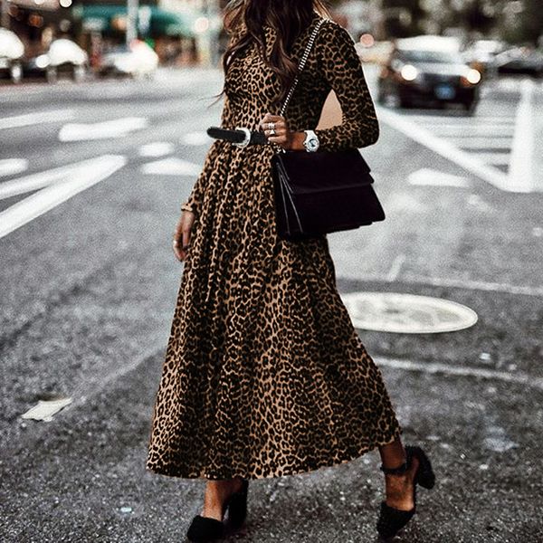 

bohemian dress 5xl celmia women leopard printed maxi long sundress o-neck long sleeve casual pleated vestidos vintage party robe y0118, Black;gray