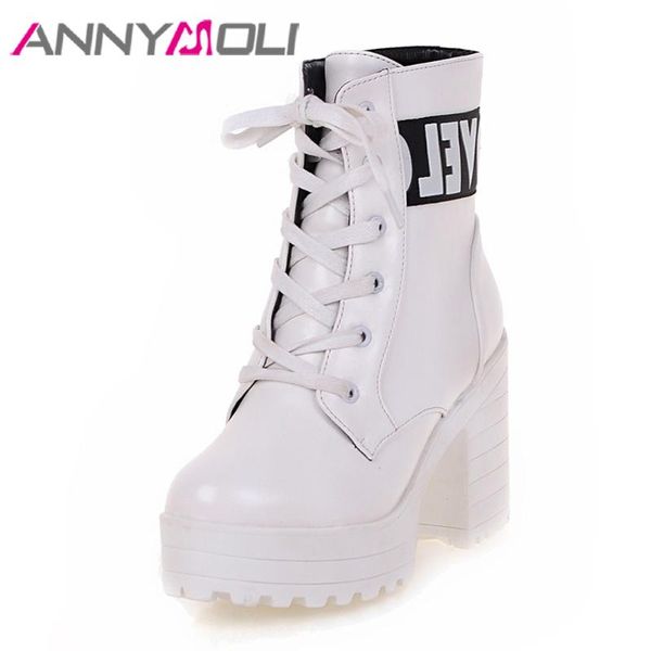 

annymoli winter boots women ankle boots platform square heel short lace-up extreme high heel shoes lady black big size 43