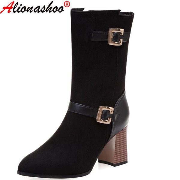 

boots buckle ankle for women autumn winter round head woman plus size 34-50 zapatos de mujer botas drop, Black