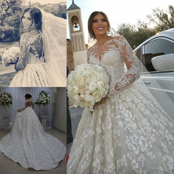 

2021 luxury lace applique wedding dresses jewel neck long sleeves beaded crystals illusion jewel neck chapel train wedding gown vestidos, White