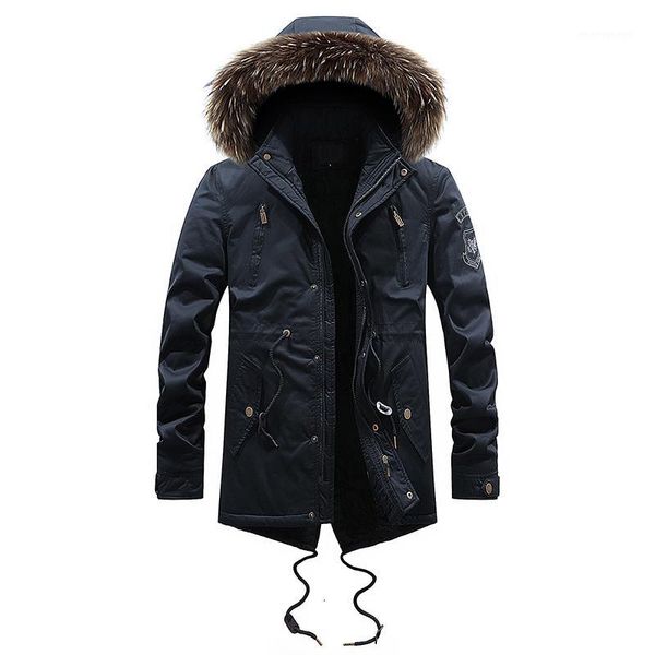 

2019 fashion winter jacket men fur collar thick hooded coat outwear inner velvet warm parka men long trench british down jackets1, Black