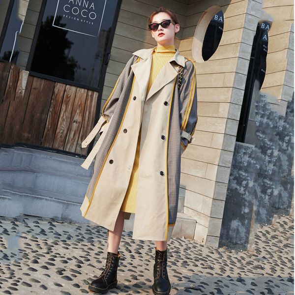 

lanmrem 2020 original retro hit color plaid windbreaker women's collar striped double-breasted long coat loose spring 19b-a380 t200811, Tan;black