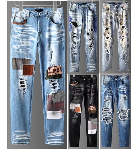 

mens jeans classical distressed motorcycle biker jean luxury deisnger rock skinny slim ripped holes letters brand hip hop denim pants-2, Blue