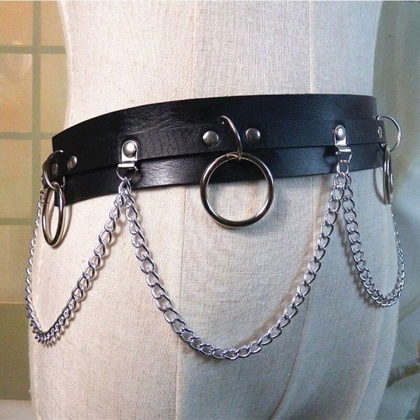 

fashion women belt punk pu leather belt metal chain ring waist strap streetwear hip-hop cowboy hollow waistband ladies belts, Black;brown